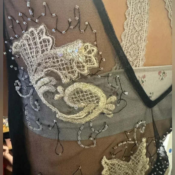 Dark Fairy Wimsy Goth Black Beaded lined gown size small raw hem sheer - Picture 12 of 14